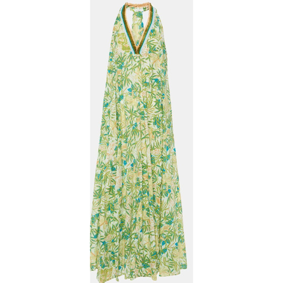 Poupette St Barth Nava Maxi Dress Green Orchid Slits Fringe Beach Large - Picture 1 of 1